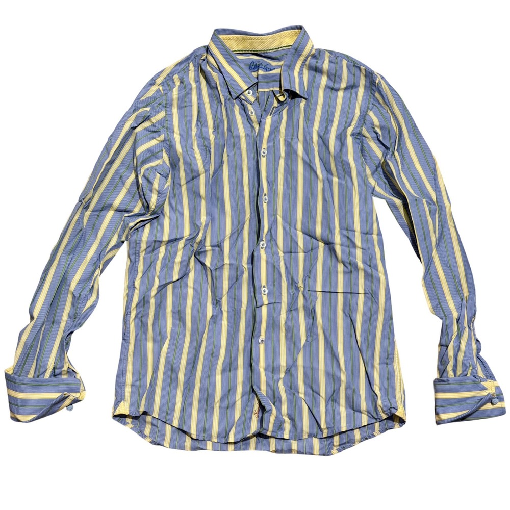 Robert Graham Boys XL 18 20 Striped Button Up Shirt Blue Yellow Casual Dressy
